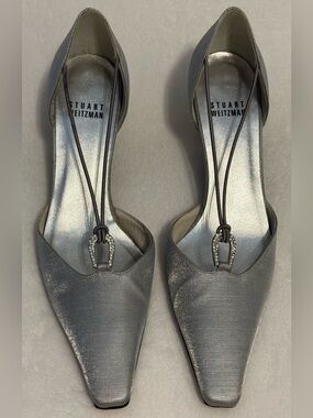 Stuart Weitzman Silver Satin Wishing Kitten Heel Rhinestone Detail Size 6.5